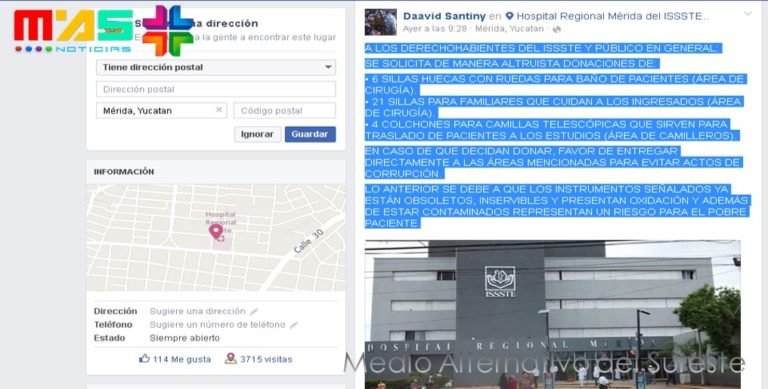 En facebook del Hospital Regional Mérida del ISSSTE solicitan donaciones de mobiliario