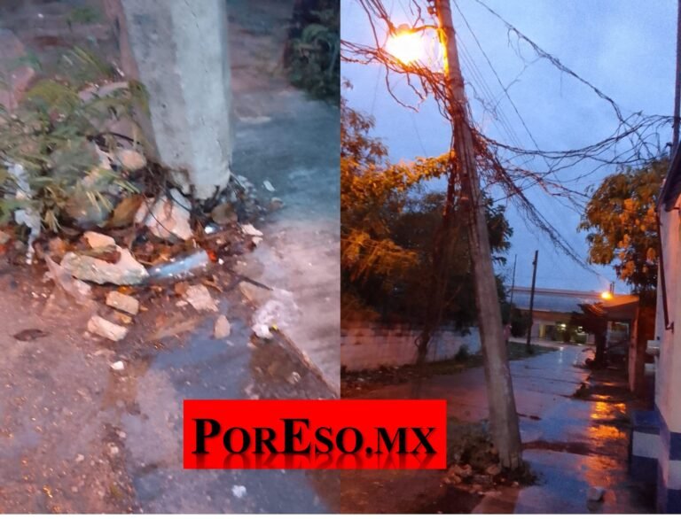 LLEVAN REPORTANDO MÁS DE UN AÑO A CFE EL PELIGRO QUE REPRESENTA UN POSTE QUE ESTÁ A PUNTO DE CAERSE EN EL FRACCIONAMIENTO SAN LORENZO EN UMÁN, YUCATÁN